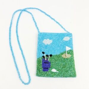 Ermo Blue Green Seed Beaded Golf Course Theme Sparkle Crossbody Bag